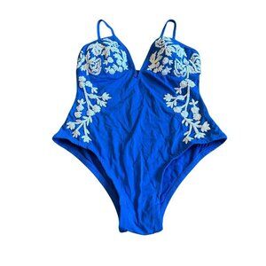 Blue Floral Appliqué One-Piece Swimsuit